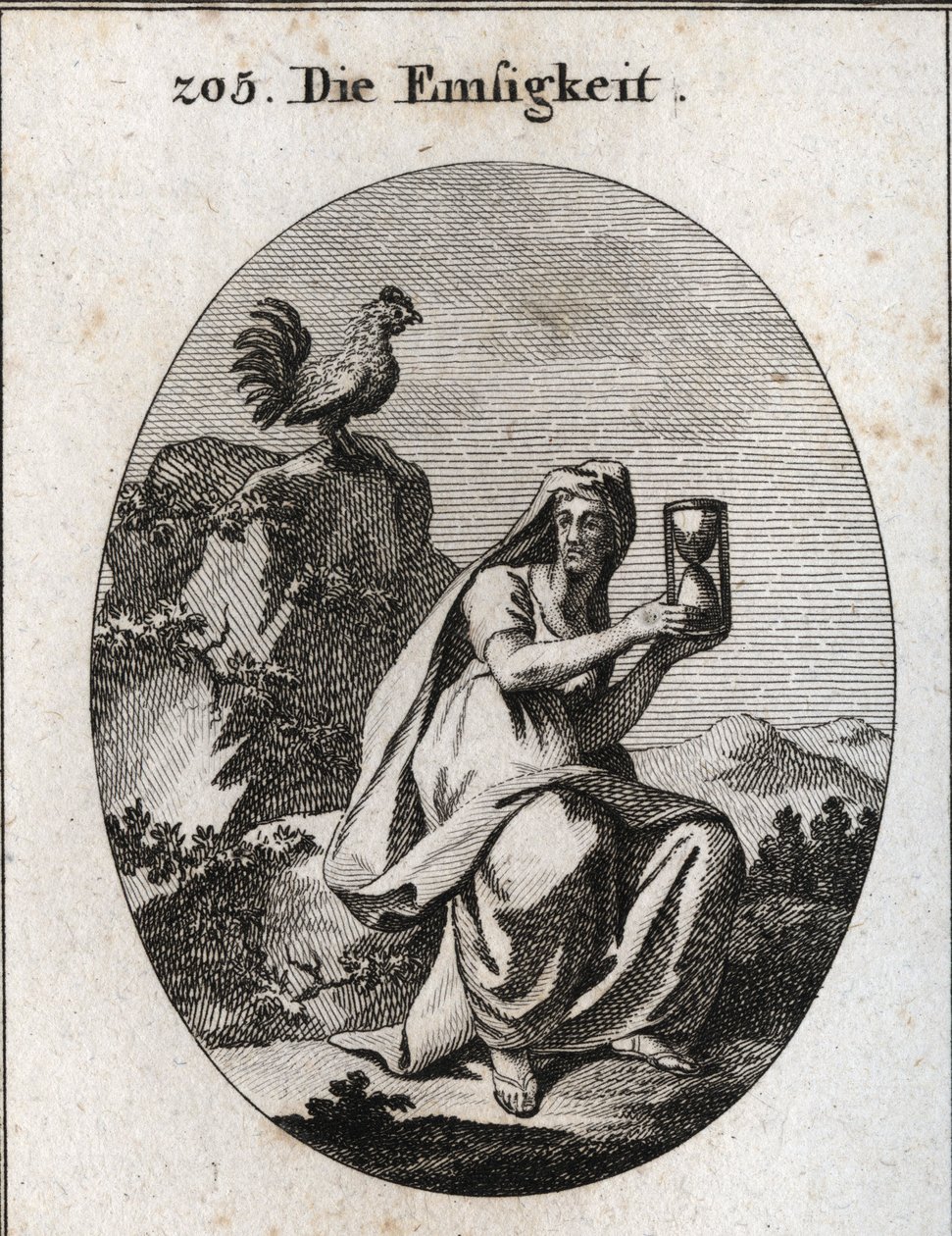 Allegorie der Anwesenheit. Sie hält eine Sanduhr und sitzt am Fuße eines Felsens, umgeben von einer Efeupflanze. Der Hahn ist ihr Attribut, da Anwesenheit ohne Wachsamkeit nicht existiert. Gravur in „Iconologie oder Ideen aus dem Gebiete der Leidenschaften von Austrian School