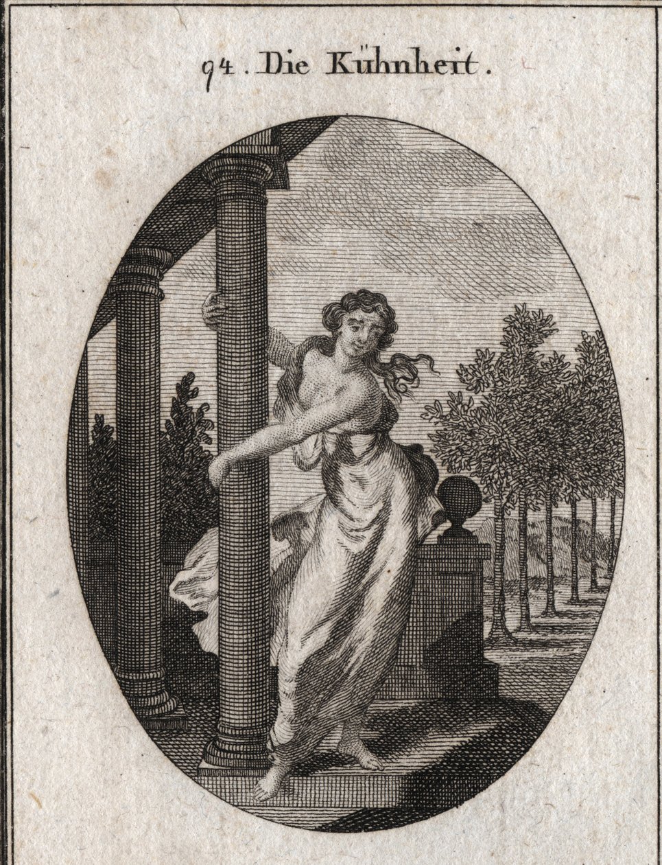 Allegorie der Kühnheit, die eine Säule umarmt, die ein Gebäude stützt, während sie versucht, es niederzureißen. Gravur in „Iconologie oder Ideen aus dem Gebiete der Leidenschaften und Allegorien bildlich dargestellt für Zeichner, Maler, Dichter, Gelehrte,  von Austrian School