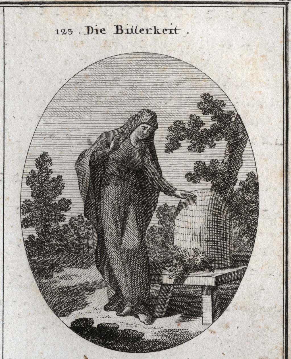 Allegorie der Bitterkeit. Sie schaut traurig auf eine Wermutpflanze, die in einem Honigbienenstock keimt. Gravur in „Iconologie oder Ideen aus dem Gebiete der Leidenschaften und Allegorien bildlich dargestellt für Zeichner, Maler, Dichter, Gelehrte, Erzieh von Austrian School