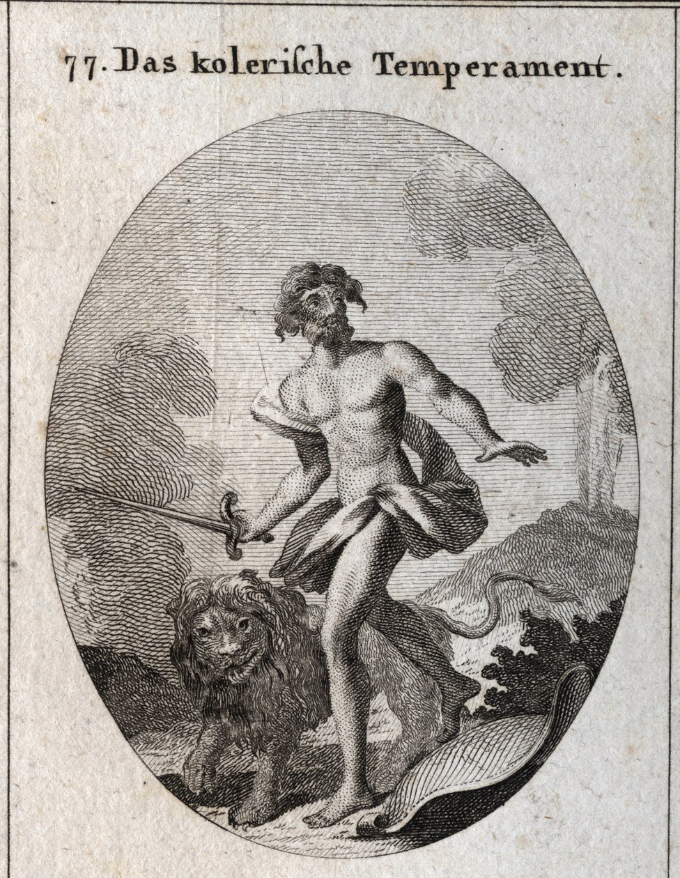 Allegorie des cholerischen Temperaments. Er hält ein Schwert zum Angriff und hat gerade seinen Schild weggeworfen, ohne sich zu verteidigen. Sein Attribut ist ein bedrohlicher Löwe. Gravur in "Iconologie oder Ideen aus dem Gebiete der Leidenschaften und Al von Austrian School
