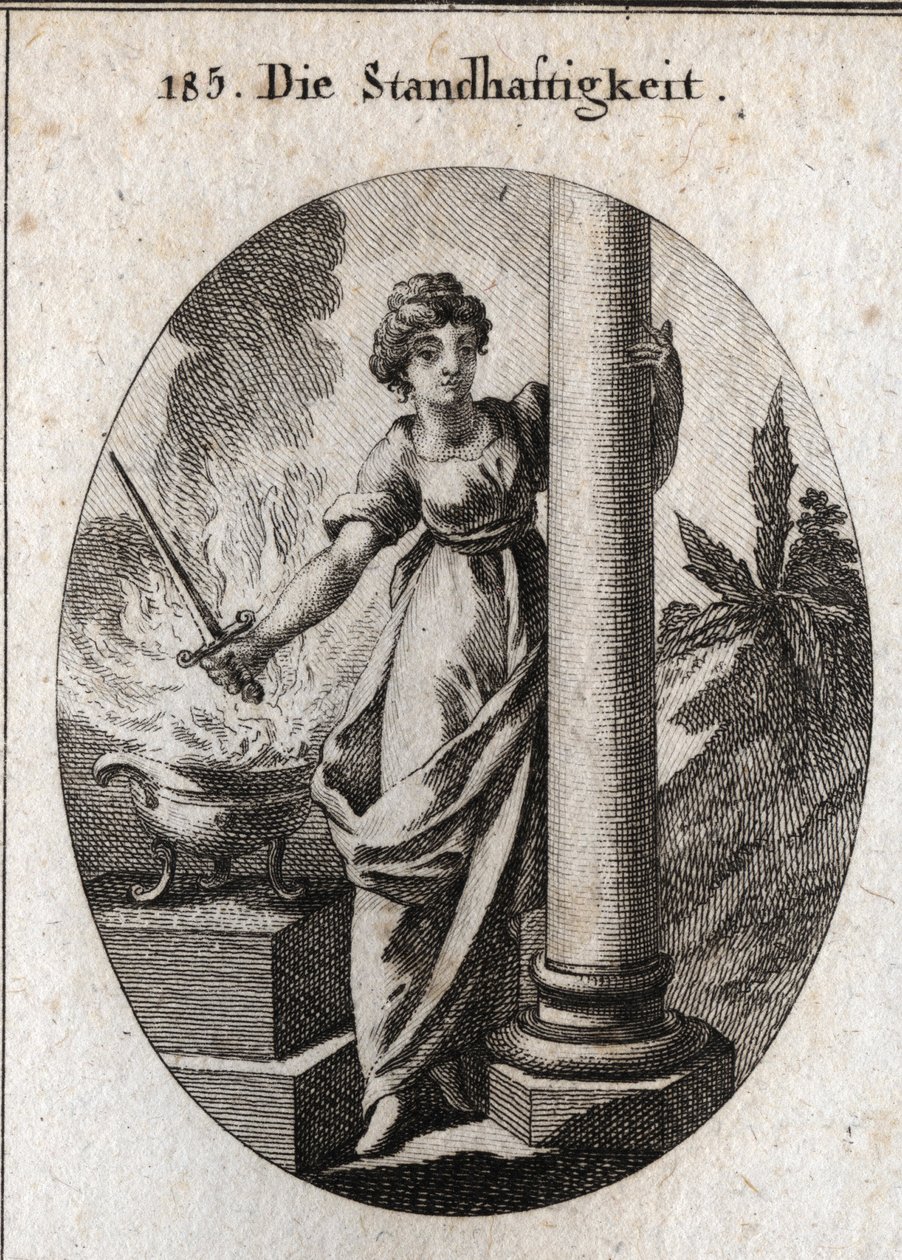 Allegorie der Beständigkeit. Sie hält ein Schwert über ein brennendes Feuer. Die Säule, die sie umarmt, ist das Attribut des Bauernhofs. Gravur in "Iconologie oder Ideen aus dem Gebiete der Leidenschaften und Allegorien bildlich dargestellt für Zeichner, M von Austrian School