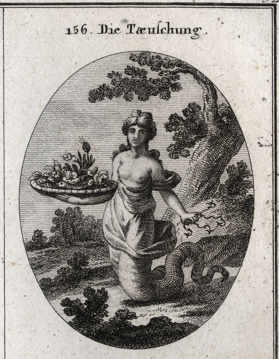 Allegorie des Betrugs. Unter den Blumen des Korbes befindet sich eine Schlange. Sie hält mehrere Haken hinter ihrem Rücken versteckt. Ihre Beine enden in einem Schlangenschwanz, um zu zeigen, dass sie kriecht, um ihre Ziele zu erreichen. Gravur in „Iconolo von Austrian School