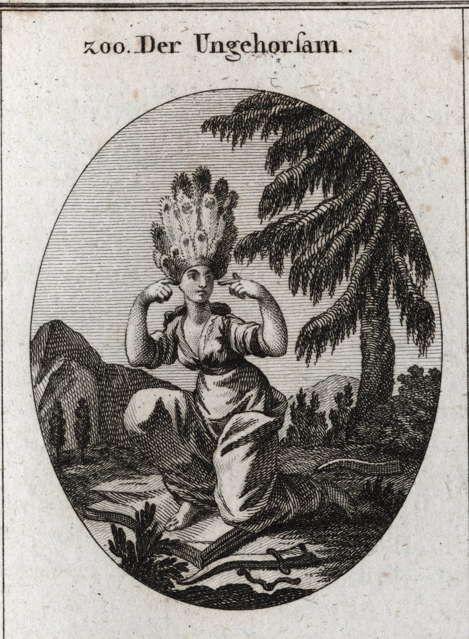 Allegorie des Ungehorsams. Das Buch der Schande markiert ihre Verachtung für die Gesetze und Vorschriften, die sie dominiert, indem sie die Bremse und das Joch mit Füßen tritt. Sie verschließt ihre Ohren, um keine Ermahnungen zu hören. Ihr Haar besteht aus von Austrian School