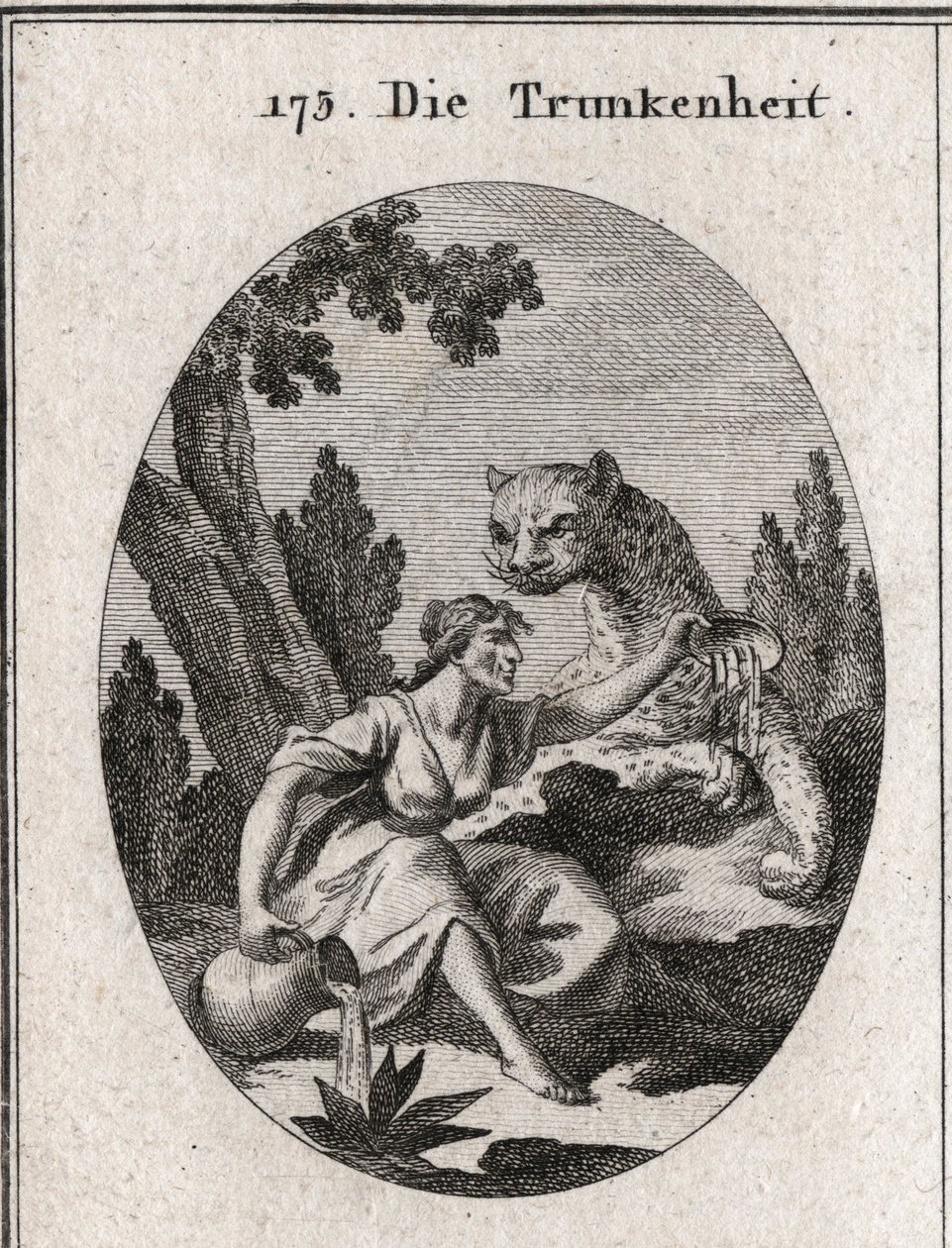Allegorie der Trunkenheit. Sie hält einen Krug und einen Becher voller Wein, den sie verlässt. Ihr Symbol ist ein Panther, Symbol der Wut der Trunkenheit. Gravur in "Iconologie oder Ideen aus dem Gebiete der Leidenschaften und Allegorien bildlich dargestel von Austrian School