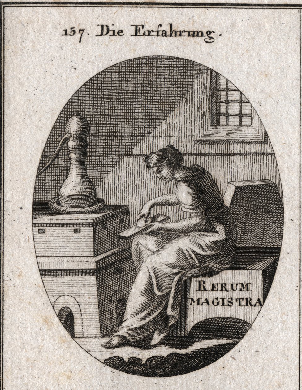 Allegorie der Erfahrung, die das Ergebnis von Studium und Zeit ist. Sie prüft Gold auf einer Schlüsselplatte. Gravur in „Iconologie oder Ideen aus dem Gebiete der Leidenschaften und Allegorien bildlich dargestellt für Zeichner, Maler, Dichter, Gelehrte, Er von Austrian School