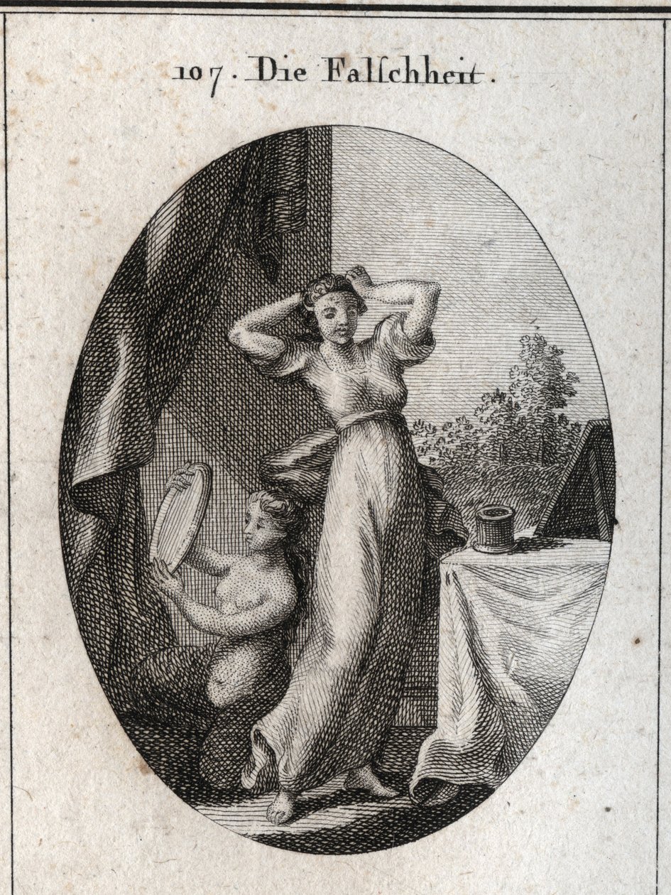 Allegorie der Falschheit. Ihr Emblem ist eine Sirene, die sich in einem Spiegel betrachtet. Gravur in „Iconologie oder Ideen aus dem Gebiete der Leidenschaften und Allegorien bildlich dargestellt für Zeichner, Maler, Dichter, Gelehrte, Erzieher und Freunde von Austrian School