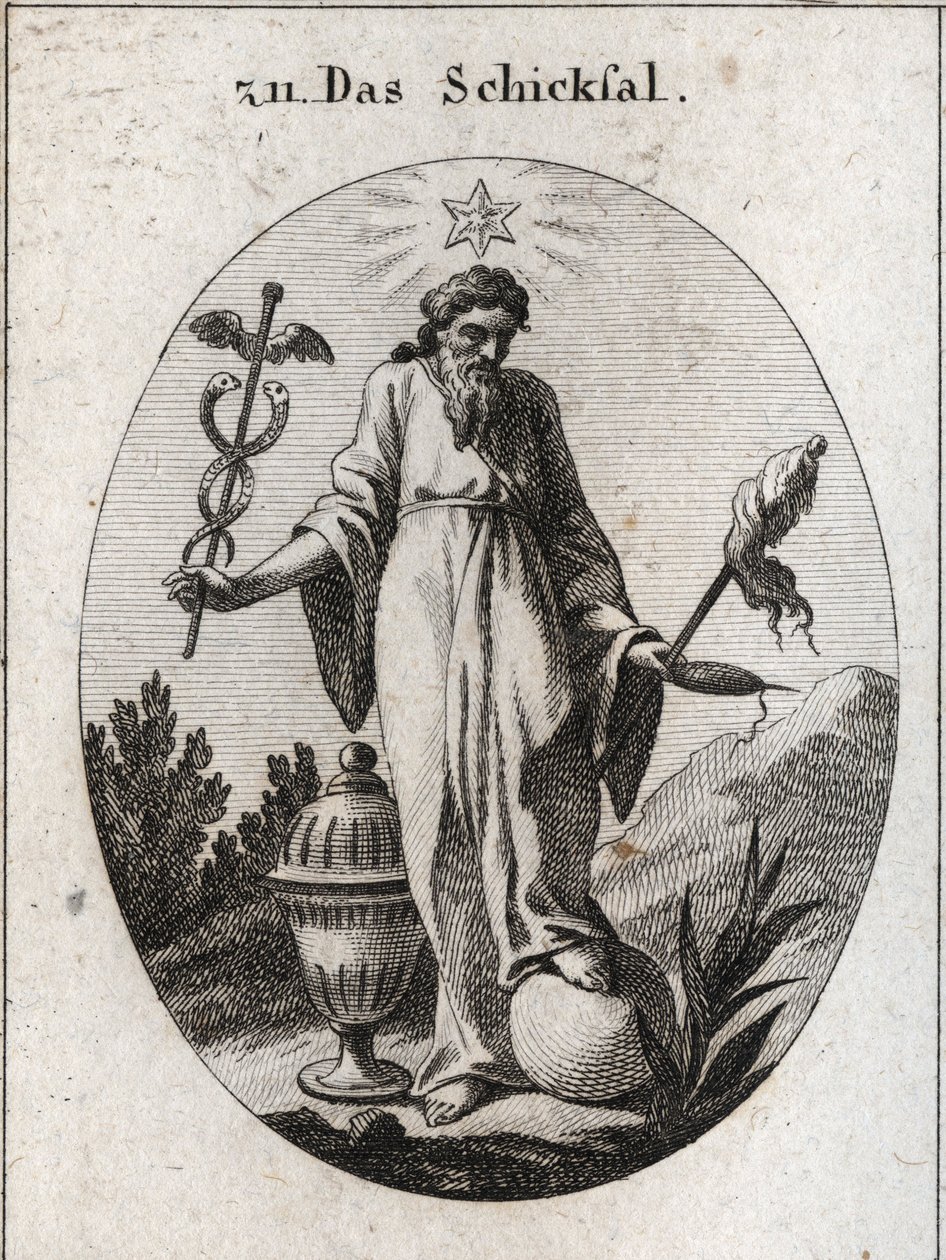 Allegorie des Schicksals. Ein Stern darüber zeigt astrologische Berichte über Vorfälle im menschlichen Leben. Er hält in einer Hand ein Symbol seiner Macht und in der anderen eine Rohrkolben-Symbol und eine Spindel, deren gebrochener Faden die Zerbrechlich von Austrian School