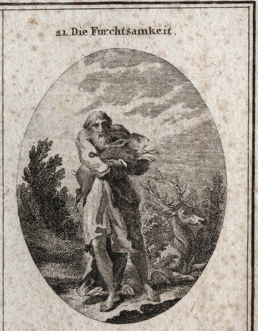 Allegorie der Angst in Gestalt eines alten Mannes mit Flügeln an den Füßen, die der Flucht dienen. Seine Attribute sind Hase und Hirsch. Gravur in „Iconologie oder Ideen aus dem Gebiete der Leidenschaften und Allegorien bildlich dargestellt für Zeichner, M von Austrian School