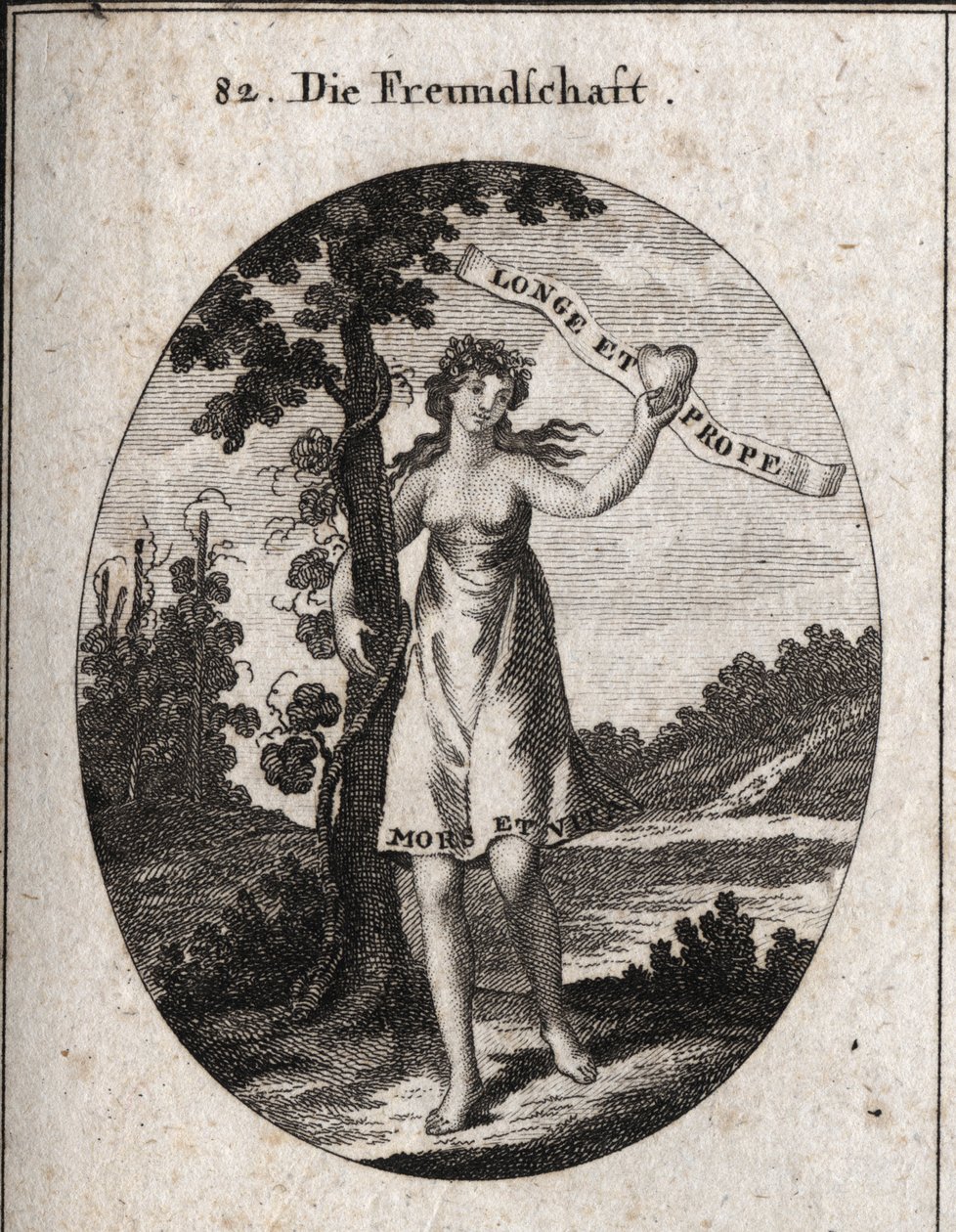 Allegorie der Freundschaft. Myrten- und Granatapfelblüten auf seiner Krone sind Symbole der Liebe und Harmonie. Es zeigt ein Herz mit der Inschrift: „Longe et prope“ (Von fern und nah). Am unteren Rand seines Kleides steht „Bitches et vita“ (Tod und Leben) von Austrian School