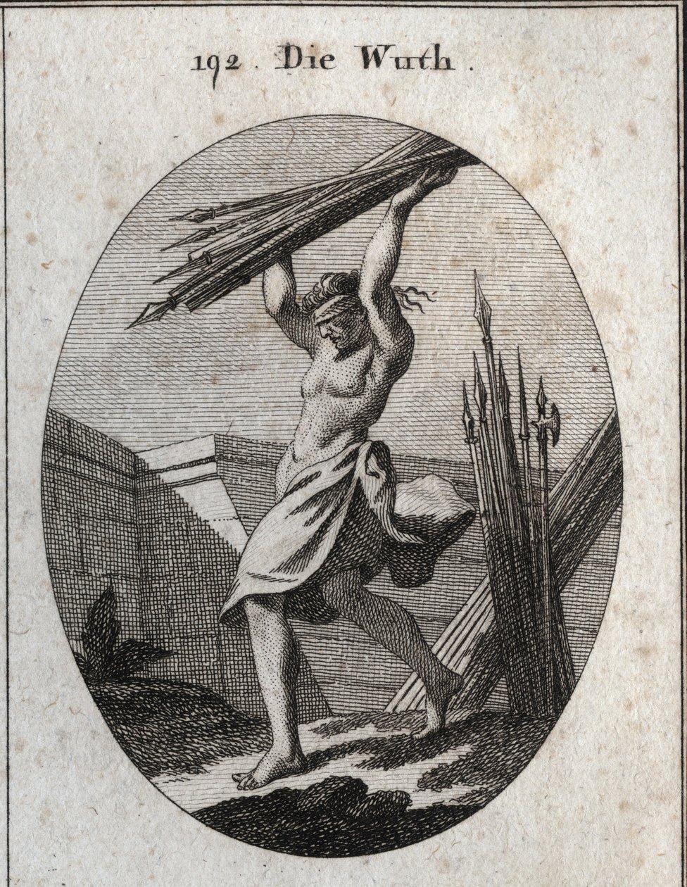 Allegorie der Wut. Mit einer Augenbinde wirft sie einen Strahl verschiedener Arten von Waffen, um ihren Triumph im Krieg, bei Massakern und Kämpfen zu markieren. Gravur in „Iconologie oder Ideen aus dem Gebiete der Leidenschaften und Allegorien bildlich da von Austrian School