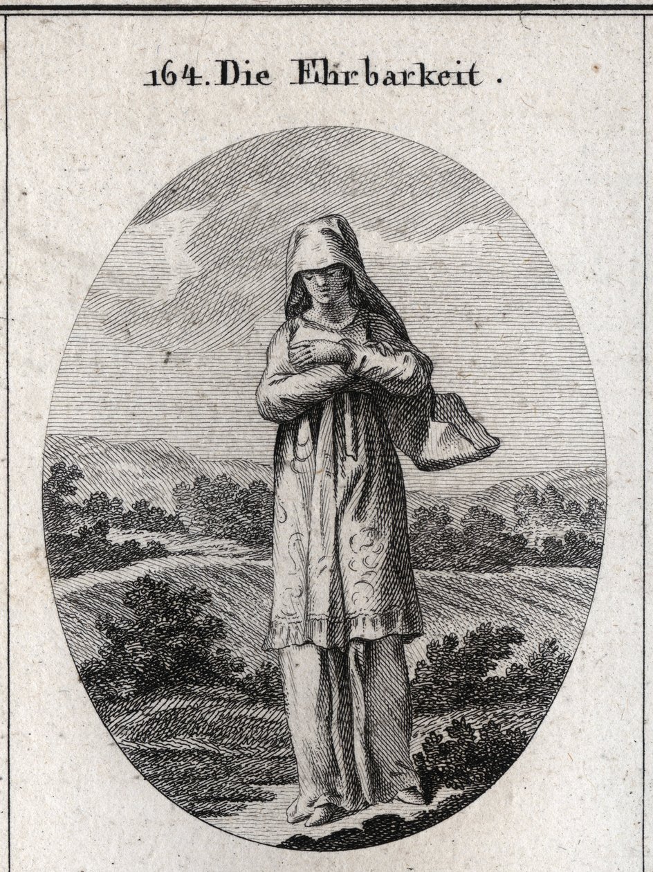 Allegorie der Ehrlichkeit. Ihre Augen sind von einem Schleier bedeckt, der die Hälfte ihres Gesichts verbirgt, weil die Augen der Spiegel der Seele sind und der erste Sinn, durch den sie sich korrumpiert. von Austrian School