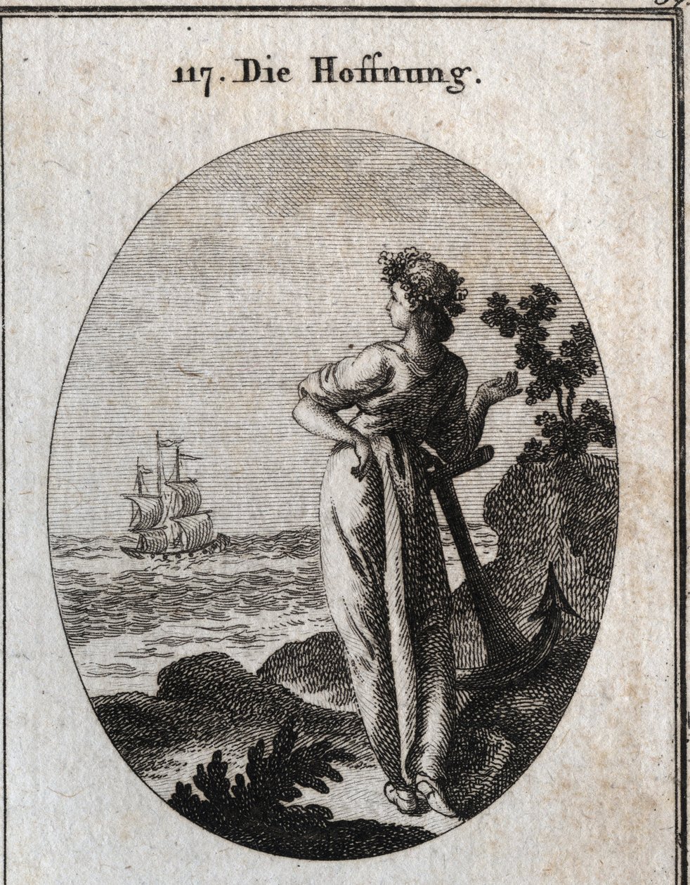 Allegorie der Hoffnung ruht auf einem Anker und beobachtet ein Schiff am Horizont. Gravur in „Iconologie oder Ideen aus dem Gebiete der Leidenschaften und Allegorien bildlich dargestellt für Zeichner, Maler, Dichter, Gelehrte, Erzieher und Freunde Höherer  von Austrian School