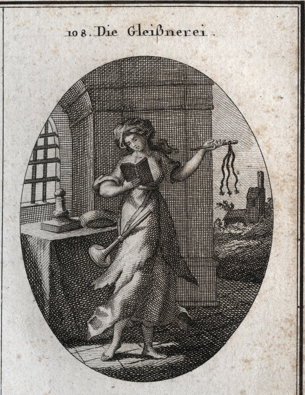 Allegorie der Heuchelei, die ein Gebetbuch und eine Disziplin (Geißel, Peitsche) hält. Die Trompete, die sie auf ihrer Schulter hat, zeigt, dass sie ihre guten Werke mit Nachdruck veröffentlicht. Gravur in „Iconologie oder Ideen aus dem Gebiete der Leidens von Austrian School