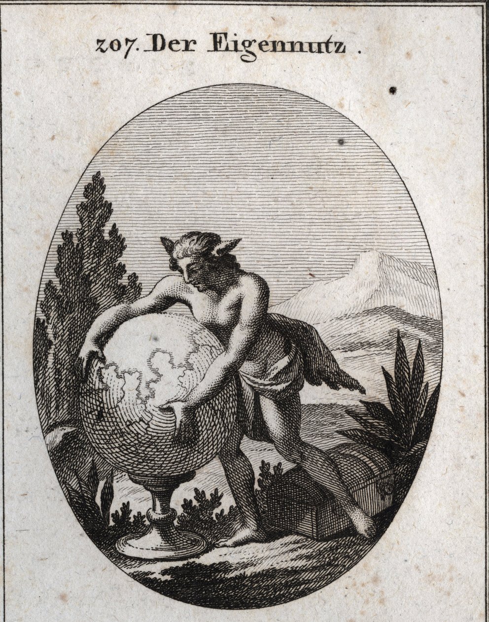 Allegorie des Interesses mit Wolfspelz. Er drückt eine Kugel. Dieses Emblem bedeutet, dass Gier das Eigene der Interessierten ist. Gravur in „Iconologie oder Ideen aus dem Gebiete der Leidenschaften und Allegorien bildlich dargestellt für Zeichner, Maler,  von Austrian School
