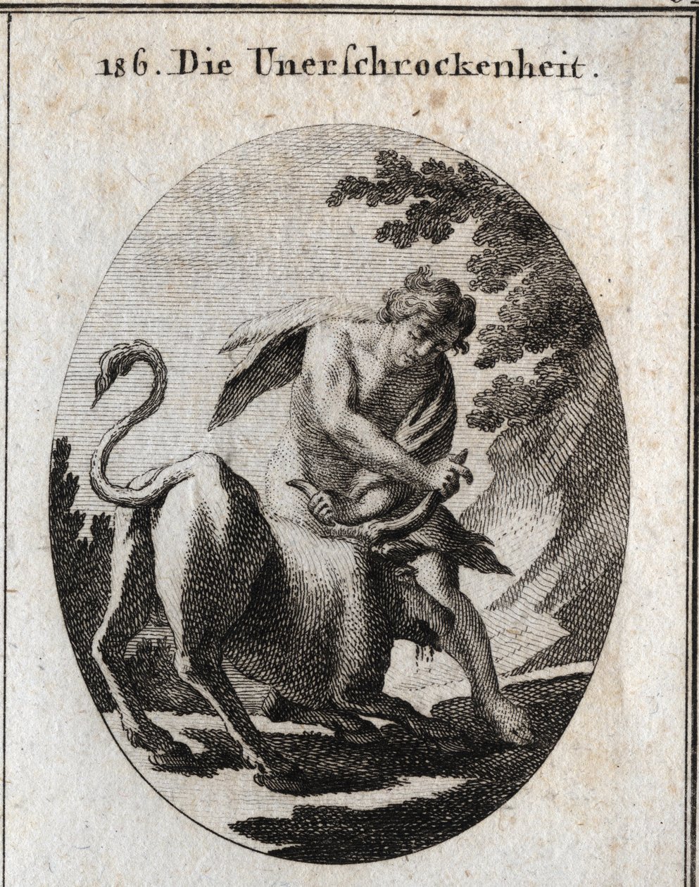 Allegorie der Unerschrockenheit, dargestellt durch einen kräftigen jungen Mann, der einen wütenden Stier aufhält, indem er ihn an den Hörnern hält. Gravur in „Iconologie oder Ideen aus dem Gebiete der Leidenschaften und Allegorien bildlich dargestellt für  von Austrian School