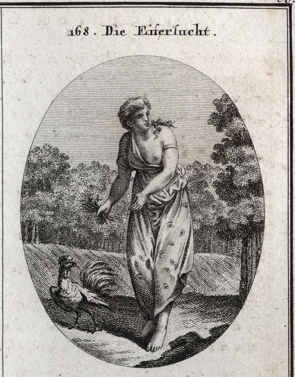 Allegorie der Eifersucht, die das Ohr auf einer Seite streckt und beobachtet, was auf der anderen Seite passiert. Ihr Kleid ist mit Augen und Ohren übersät, und der Strauß aus Dornen, den sie hält, zeigt, dass ihr Leiden freiwillig ist. Der Hahn, eifersüch von Austrian School