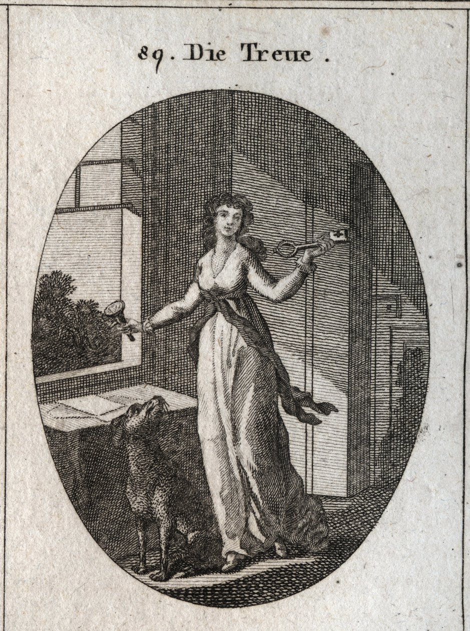 Allegorie der Treue, deren Symbole der Schlüssel, das Siegel und der Hund sind. Gravur in „Iconologie oder Ideen aus dem Gebiete der Leidenschaften und Allegorien bildlich dargestellt für Zeichner, Maler, Dichter, Gelehrte, Erzieher und Freunde Höherer Ges von Austrian School