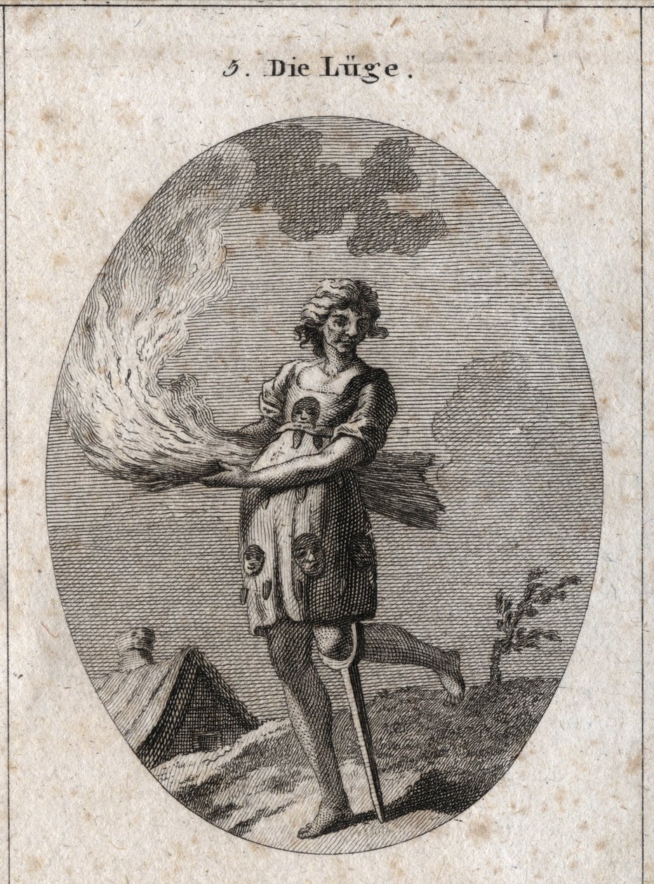 Allegorie der Lüge, dargestellt durch hässliches Aussehen, schlechtes Haar und schlechte Kleidung. Ihre Kleidung ist mit Zungen und Masken gefüllt. Das brennende Stroh illustriert die mangelnde Substanz ihrer Worte und das Holzbein die geringe Festigkeit.  von Austrian School