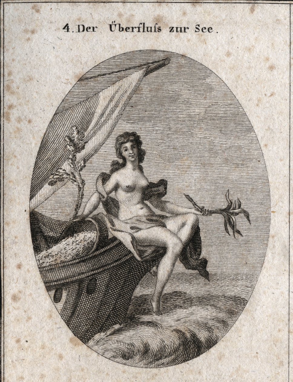 Allegorie des maritimen Überflusses, dargestellt durch Ceres, die auf dem Bug eines Schiffes sitzt. Sie hält einen Hanfbouquet, einen Ast mit Seidenraupenkokons. Sie lehnt sich an Getreide, das im Boot zurückhängt. Gravur in "Iconologie oder Ideen aus dem  von Austrian School