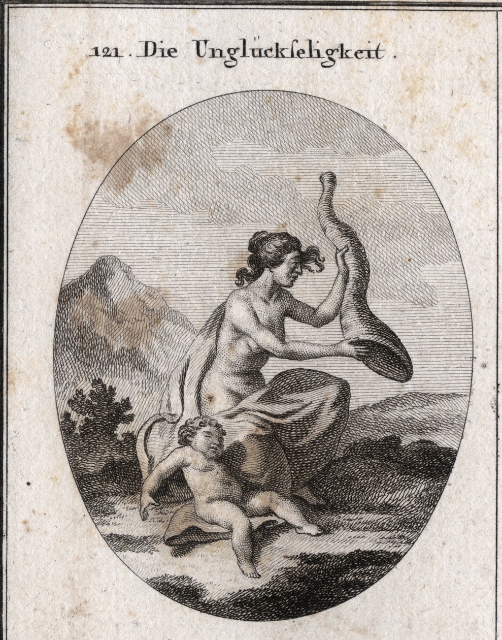 Allegorie des Unglücks, dargestellt mager und umfangreich. Ihre Attribute sind ein Füllhorn, das sie schüttelt und das leer ist, und ein Kind, das vor Hunger stirbt. Gravur in „Iconologie oder Ideen aus dem Gebiete der Leidenschaften und Allegorien bildlic von Austrian School