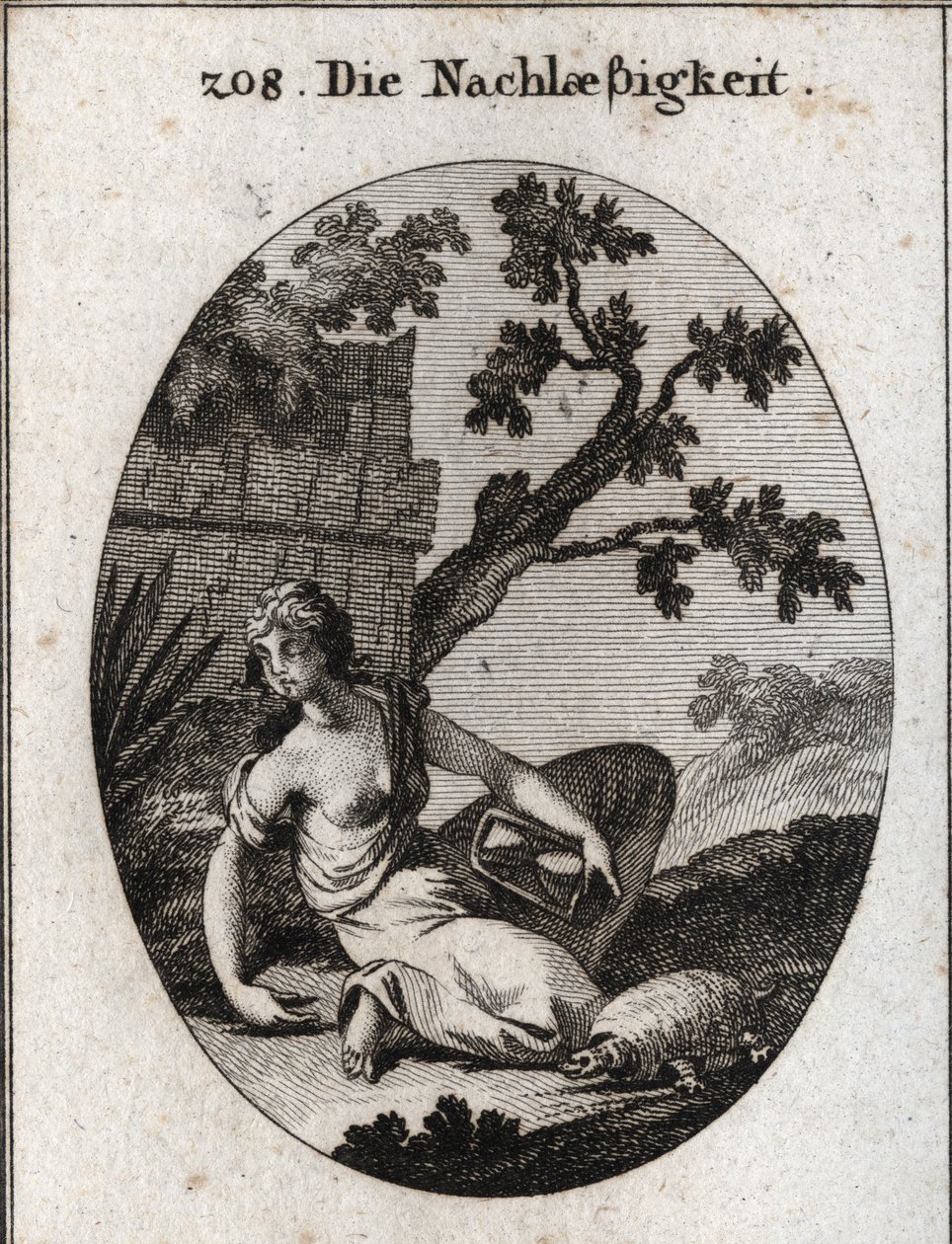 Allegorie der Nachlässigkeit. Sie hält eine Uhr mit einer umgekippten Sanduhr. Die Schildkröte ist das Emblem der Langsamkeit. Gravur in „Iconologie oder Ideen aus dem Gebiete der Leidenschaften und Allegorien bildlich dargestellt für Zeichner, Maler, Dich von Austrian School