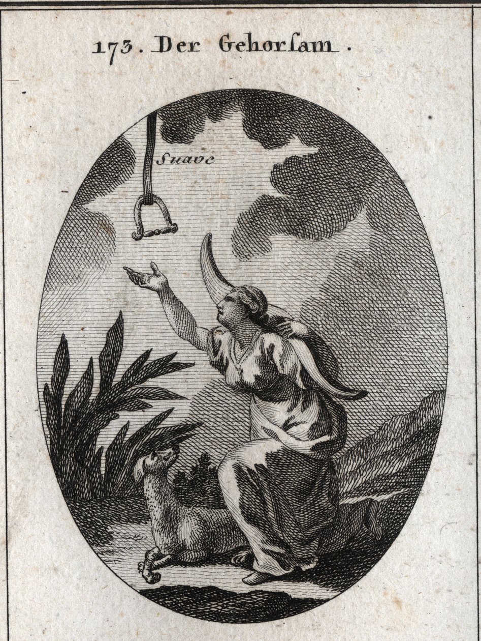 Allegorie des Gehorsams. Sie trägt ein Joch auf den Schultern und bewegt sich vorwärts, um eine Bremse zu empfangen, die aus dem offenen Himmel herabsteigt, in dem das Wort „sanft“ zu lesen ist. Der Hund ist ihr Attribut. Gravur in „Iconologie oder Ideen a von Austrian School