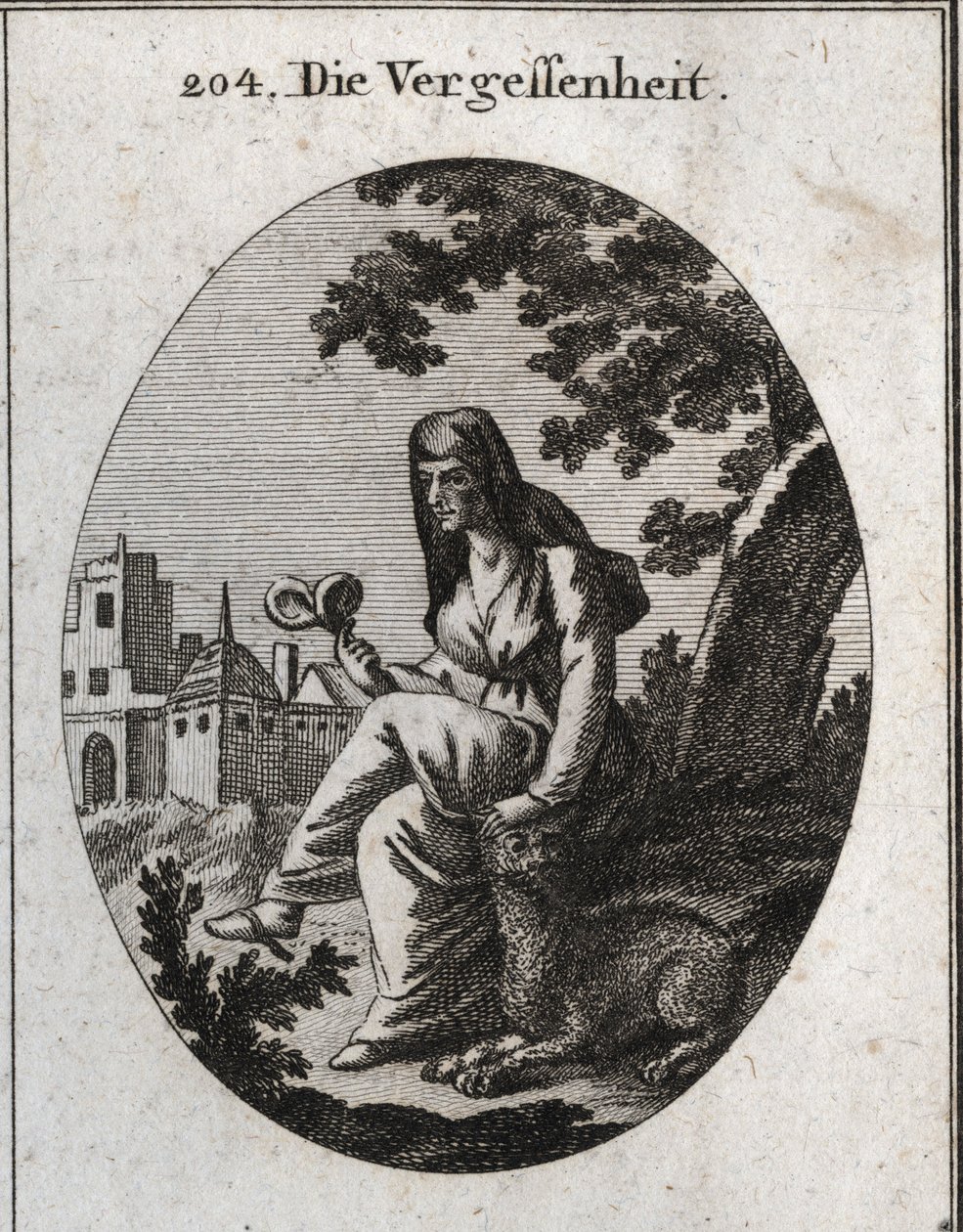 Allegorie des Vergessens. Sie hält eine Alraunpflanze, ein starkes Narkotikum. Der Luchs ist das dem Bacchus geweihte Tier. Gravur in "Iconologie oder Ideen aus dem Gebiete der Leidenschaften und Allegorien bildlich dargestellt für Zeichner, Maler, Dichter von Austrian School