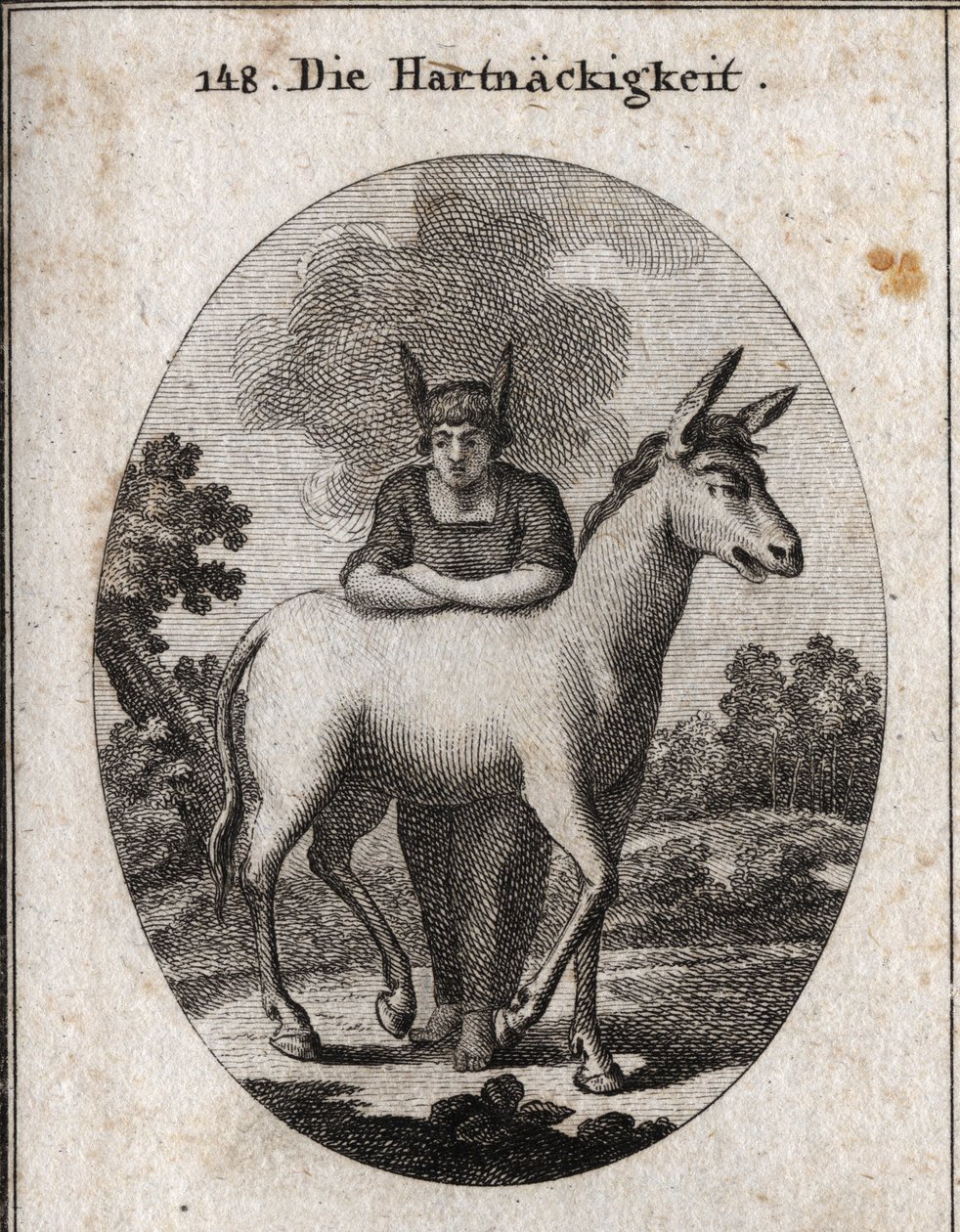 Allegorie der Hartnäckigkeit, die sich auf ein Maultier stützt. Die Eselsohren auf seinem Kopf sind das Emblem der Ignoranz und Sturheit. Der Dampf um seinen Kopf bedeutet, dass sein Verstand verdunkelt ist. Gravur in "Iconologie oder Ideen aus dem Gebiete von Austrian School