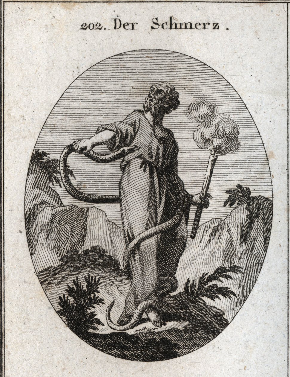 Allegorie des Schmerzes. Eine monströse Schlange umschlingt ihn, der, nachdem sie seine Füße gebunden hat, seinen Körper erklimmt und versucht, sein Herz zu beißen. Sie hält eine Fackel, die noch raucht, was bedeutet, dass der durch Schmerz verursachte Nie von Austrian School