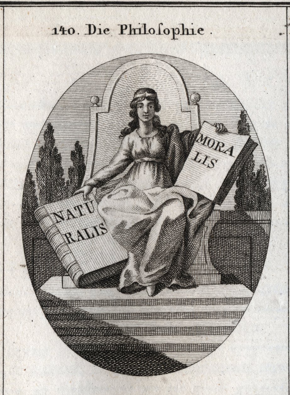 Allegorie der Philosophie, die auf einem Marmorthron über mehreren Stufen sitzt. Sie hat ein goldenes Diadem auf der Stirn und hält zwei offene Bücher „Naturalis“ (Natur) und „Moralis“ (Moral). Gravur in „Iconologie oder Ideen aus dem Gebiete der Leidensch von Austrian School