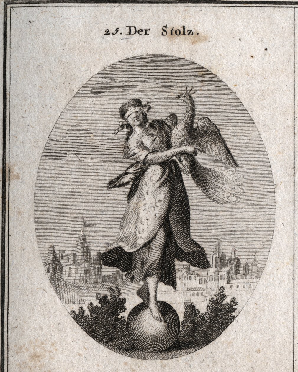 Allegorie des Stolzes, dargestellt von einem jungen Mädchen mit einer Augenbinde, die auf einem Ball sitzt, Symbol ihrer geringen Stabilität. Der Pfau symbolisiert den stolzen Geist. Die reiche Kleidung bedeckt ihre armen Kleider, um das Äußere zu zeigen.  von Austrian School