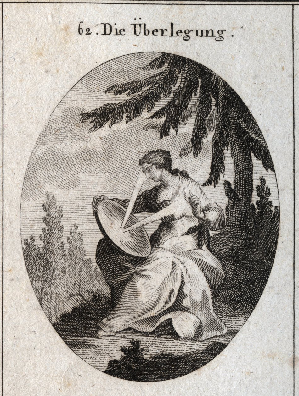 Allegorie der Reflexion. Ein Lichtstrahl geht von ihrem Herzen aus, trifft auf den Spiegel auf ihren Knien und reflektiert das Licht auf ihre Stirn. Gravur in „Iconologie oder Ideen aus dem Gebiete der Leidenschaften und Allegorien bildlich dargestellt für von Austrian School