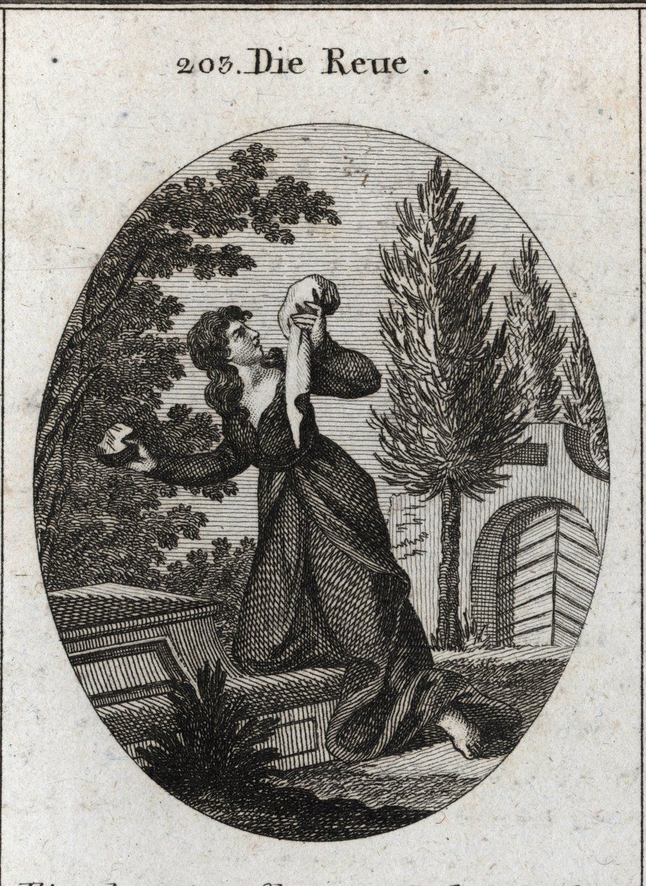 Allegorie des Bedauerns, dargestellt mit einem Knie auf einem Grab. Sie hält in einer Hand ein Taschentuch und in der anderen einen Stein, mit dem sie ihre Brust schlägt. Gravur in „Iconologie oder Ideen aus dem Gebiete der Leidenschaften und Allegorien bi von Austrian School