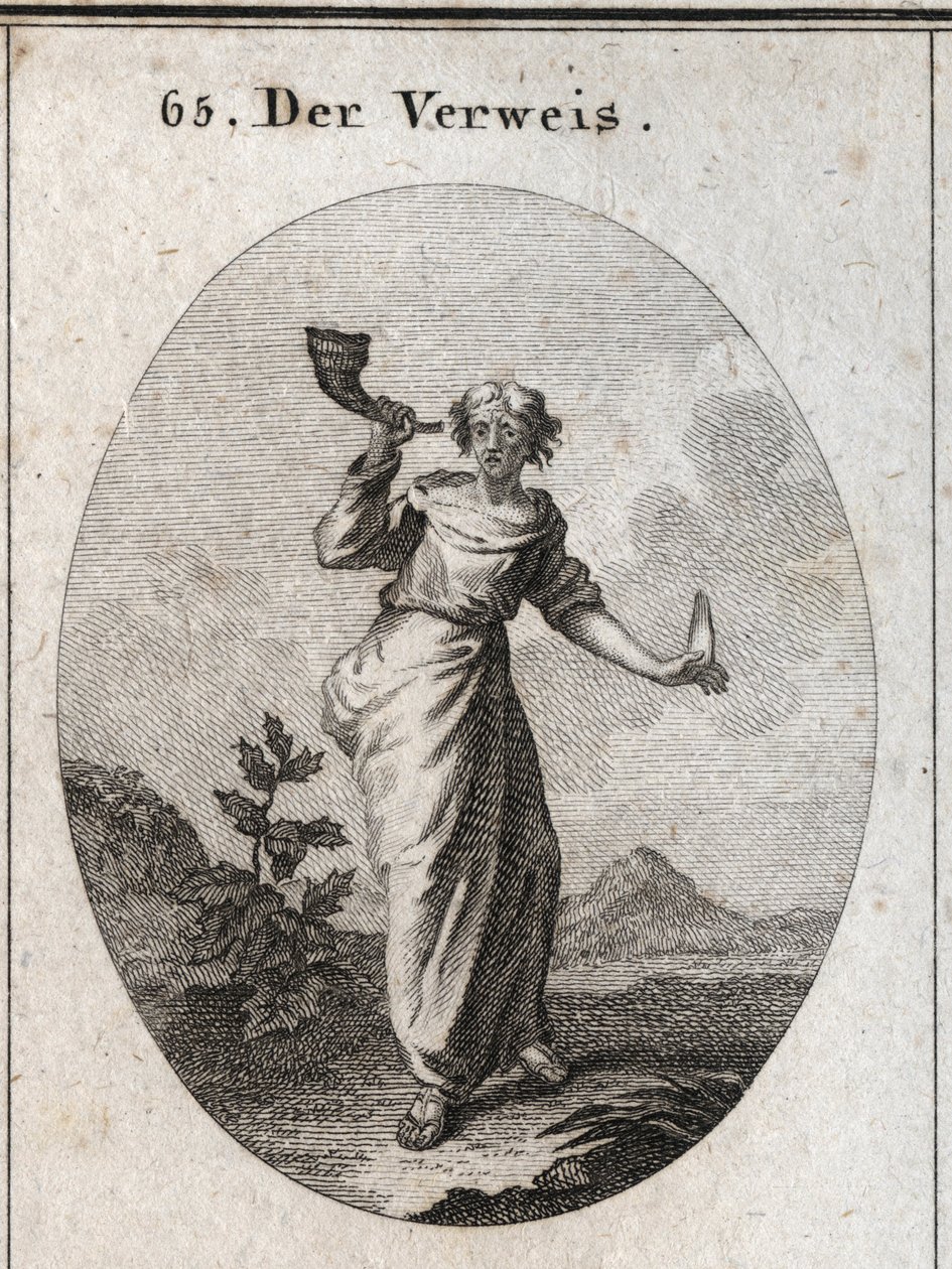 Allegorie der Zurechtweisung. Sie lernt, ein Buch zu schallen, das den unschönen Klang zurechtweisender Worte betont, die mit Vorsicht gehandhabt werden, wie die menschliche Zunge in der anderen Hand zeigt. Gravur in „Iconologie oder Ideen aus dem Gebiete  von Austrian School