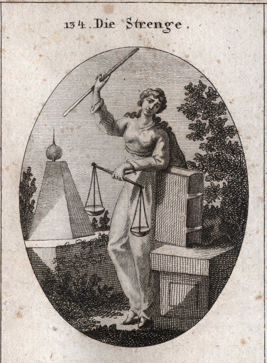 Allegorie der Strenge, dargestellt unter einem Aspekt der Wildheit, die mit der rechten Hand eine Eisenstange hält und sich mit der linken auf das Gesetzbuch stützt. In derselben Hand hält sie eine Waage, von der eine Seite die andere überwiegt. Gravur in  von Austrian School