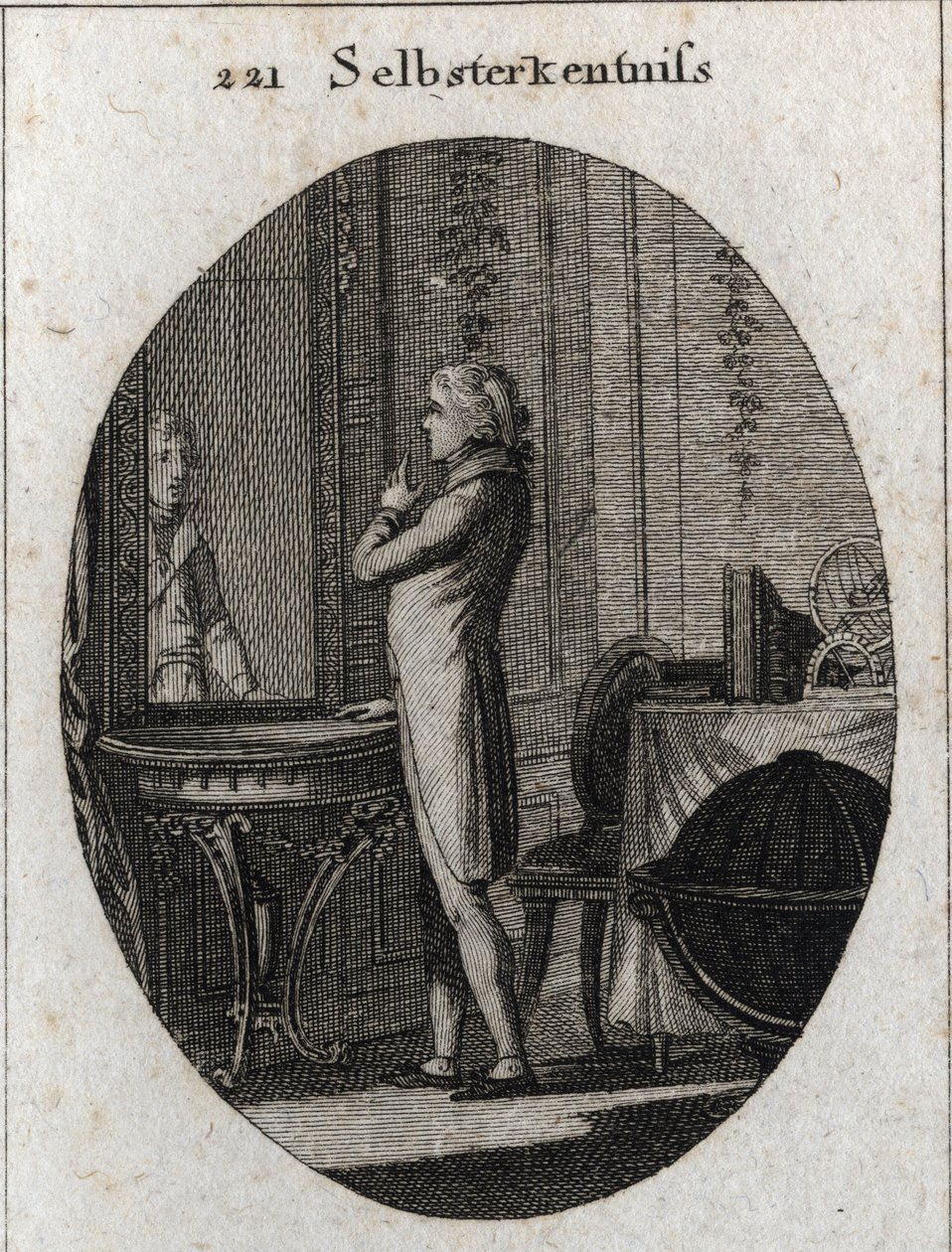 Allegorie der Selbsterkenntnis. Ein junger Mann steht vor einem Spiegel. Gravur in „Iconologie oder Ideen aus dem Gebiete der Leidenschaften und Allegorien bildlich dargestellt für Zeichner, Maler, Dichter, Gelehrte, Erzieher und Freunde Höherer Geschmacks von Austrian School