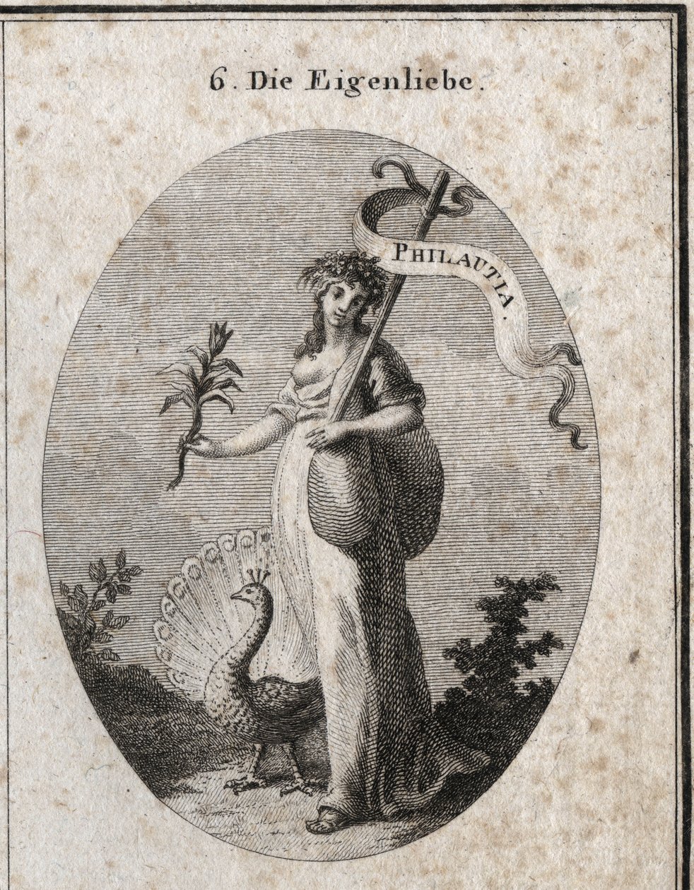 Allegorie der Selbstliebe dargestellt als junge Frau, die einen Beutel schließt, der ihre Fehler symbolisiert, mit einem Stab, auf dem die griechische Übersetzung „Philautia“ eingraviert ist. Attribute: der Pfau, der das Rad schlägt, und die Narzissenblume von Austrian School