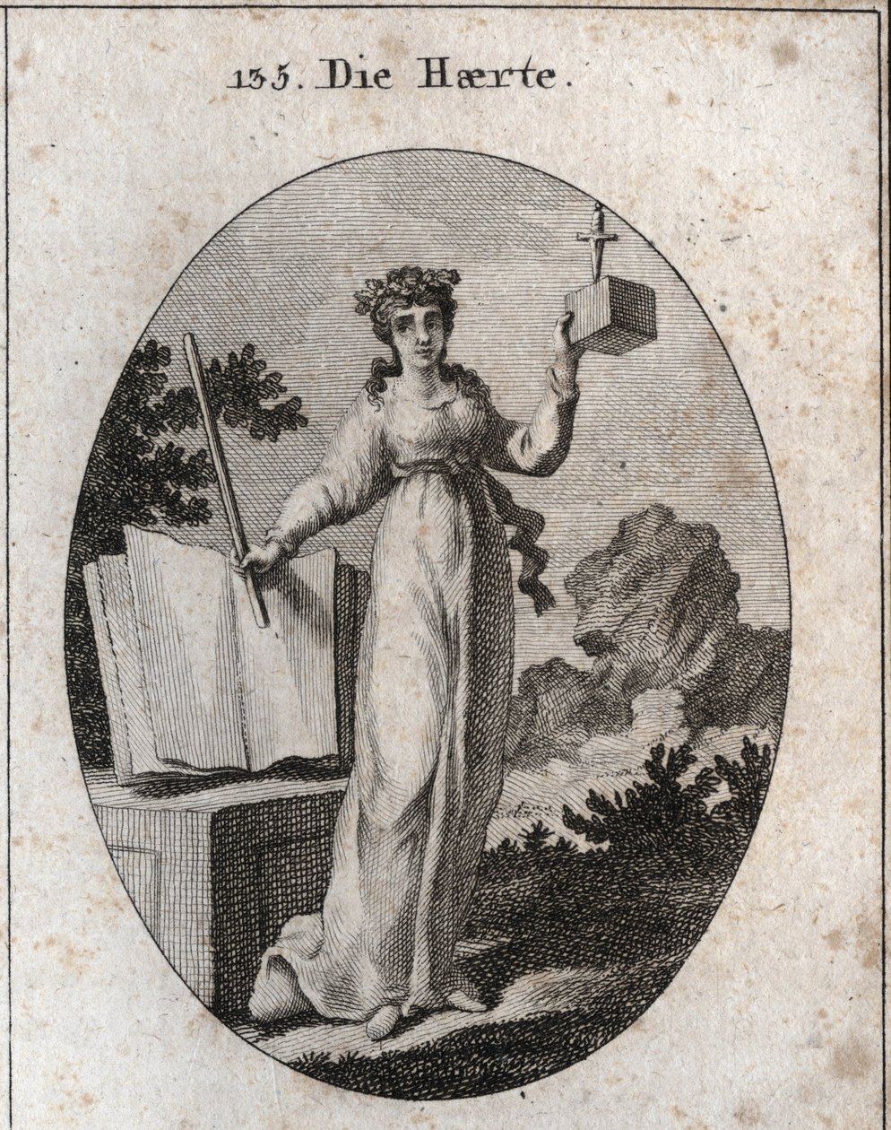 Allegorie der Strenge, gekrönt mit einem Eichenast, Attribut der Stärke. Sie stützt sich auf ein Gesetzbuch und hält eine Eisenstange. Der Würfel, in dem ein Dolch steckt, zeigt ihre Nähe und Unnachgiebigkeit. Gravur in „Iconologie oder Ideen aus dem Gebie von Austrian School