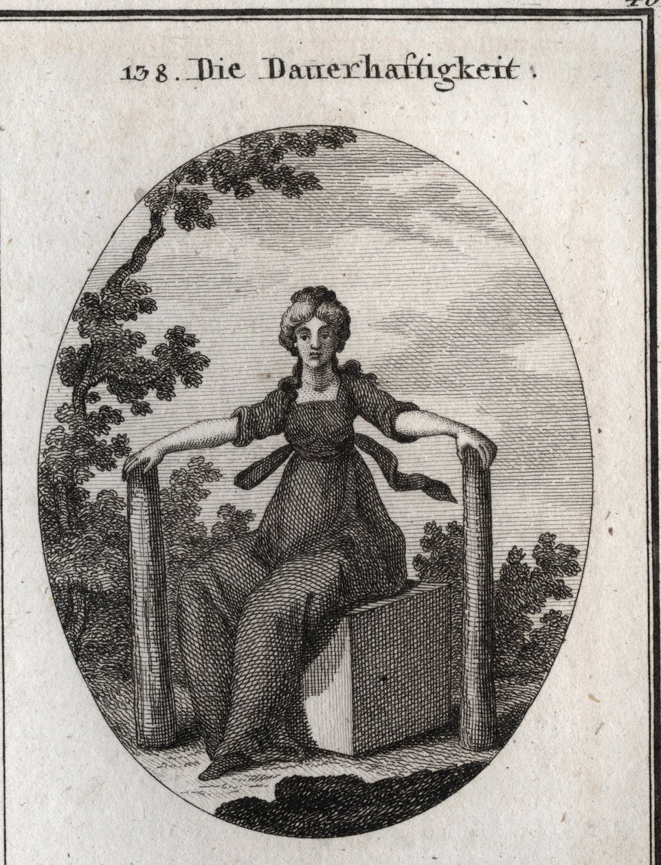 Allegorie der Stabilität, die auf einem Marmorkubus sitzt, mit zwei Lotpflanzen im Boden. Gravur in „Iconologie oder Ideen aus dem Gebiete der Leidenschaften und Allegorien bildlich dargestellt für Zeichner, Maler, Dichter, Gelehrte, Erzieher und Freunde H von Austrian School