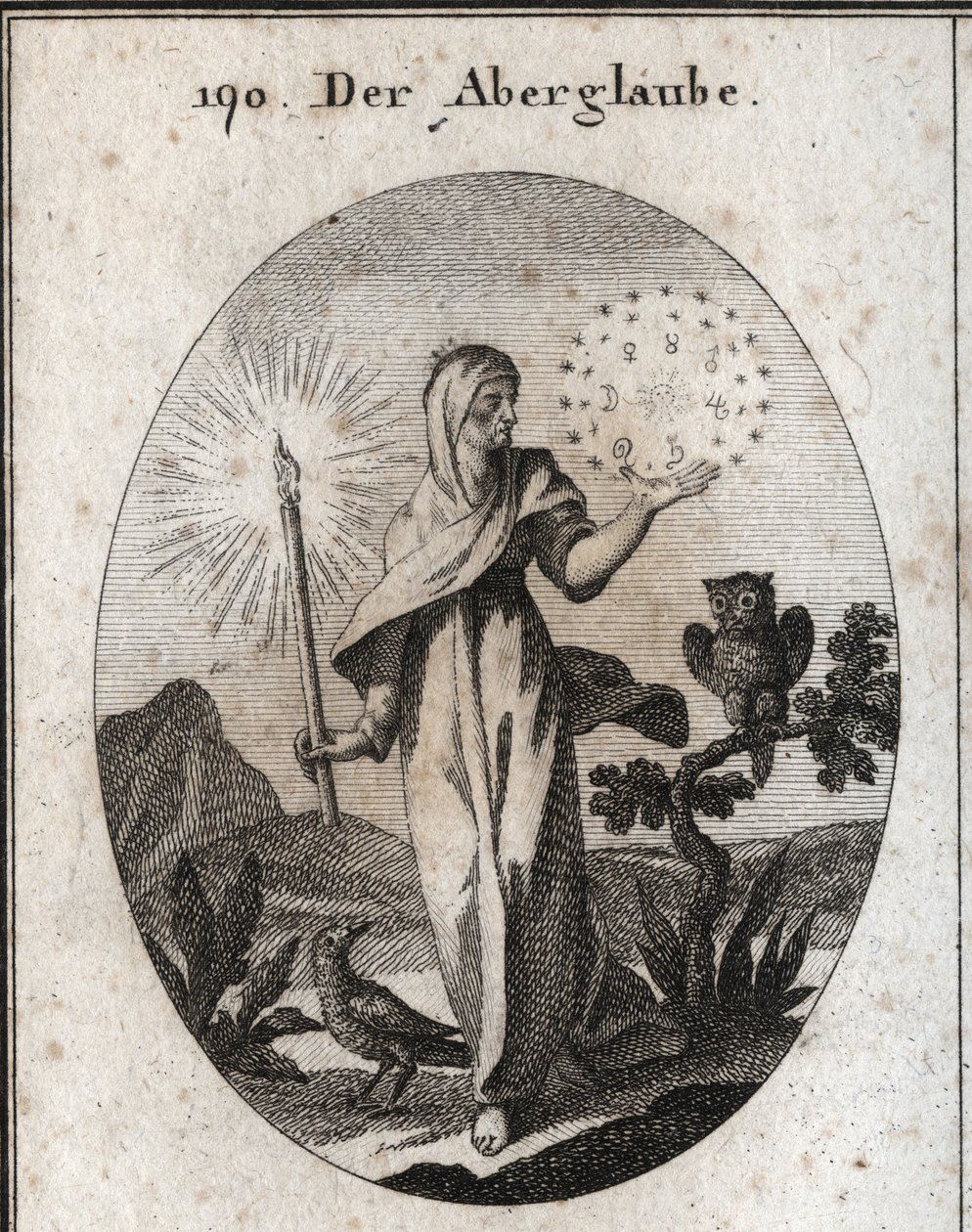 Allegorie des Aberglaubens. Sie hält eine Kerze und einen Kreis von Sternen, der die Zeichen der sieben Planeten umgibt, die sie als ängstlich betrachtet. Ihre Attribute sind die Eule und die Krähe. von Austrian School