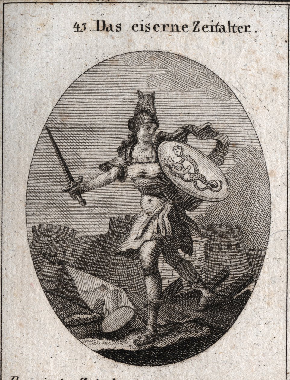 Allegorie des Eisernen Zeitalters, das durch Gewalt, schlechten Glauben und Verrat gekennzeichnet ist. Von wildem Aussehen, ist sie mit einem Helm in Form eines Wolfskopfes bewaffnet, hält ein Schwert und einen Schild, auf dem Betrug und Laster dargestellt von Austrian School