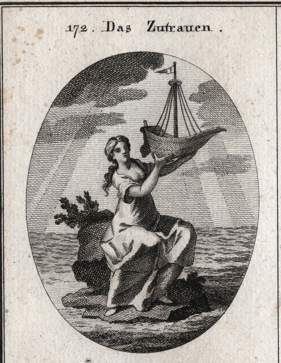 Allegorie des Vertrauens, dargestellt durch eine Frau, die auf einem Platz inmitten des Meeres sitzt und in ihrer Hand ein Schiff hält, das sie hochhebt. Gravur in „Iconologie oder Ideen aus dem Gebiete der Leidenschaften und Allegorien bildlich dargestell von Austrian School