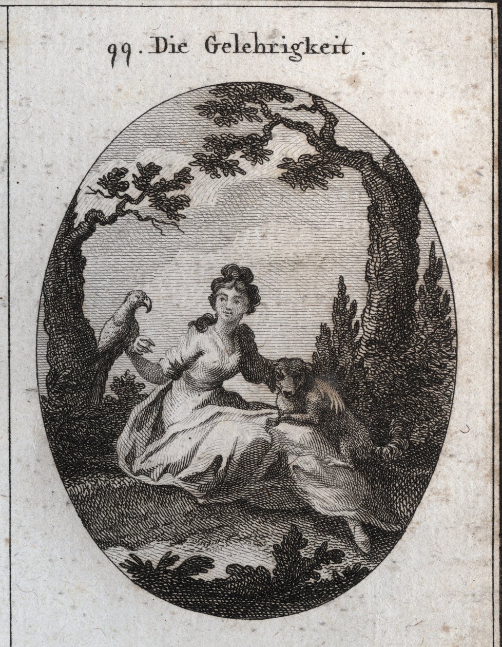 Allegorie der Fügsamkeit. Ihre Attribute sind der Sittich und der kleine Hund wegen ihrer Gehorsamkeit und ihres Wunsches zu gefallen. Gravur in "Iconologie oder Ideen aus dem Gebiete der Leidenschaften und Allegorien bildlich dargestellt für Zeichner, Mal von Austrian School