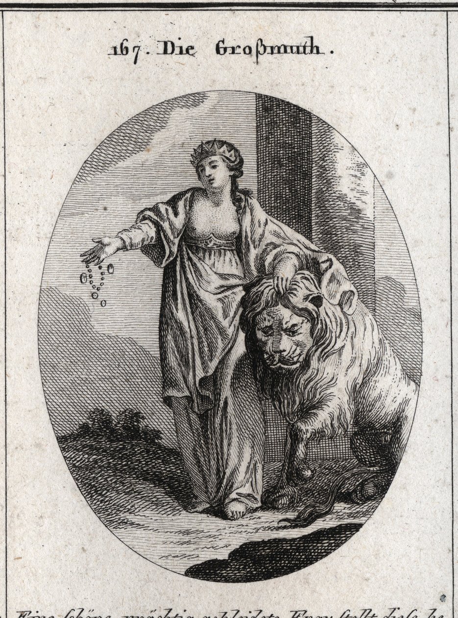 Allegorie der Großzügigkeit mit einer goldenen Krone auf dem Kopf und entblößter Brust, die die Adel der Gefühle und die Aufrichtigkeit des Herzens bezeichnet. Sie präsentiert Schmuck und Gold in einer Hand und die andere ruht auf einem friedlich zu ihren  von Austrian School
