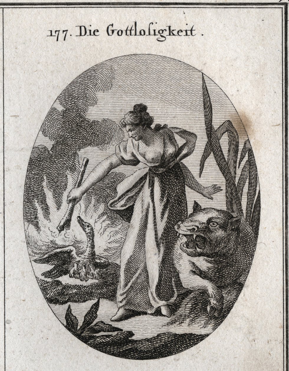 Allegorie der Gottlosigkeit, die eine Fackel hält, mit der sie einen Pelikan in seinem Nest mit seinen Jungen verbrennt. Ihr Attribut ist das Nilpferd. Gravur in „Iconologie oder Ideen aus dem Gebiete der Leidenschaften und Allegorien bildlich dargestellt  von Austrian School