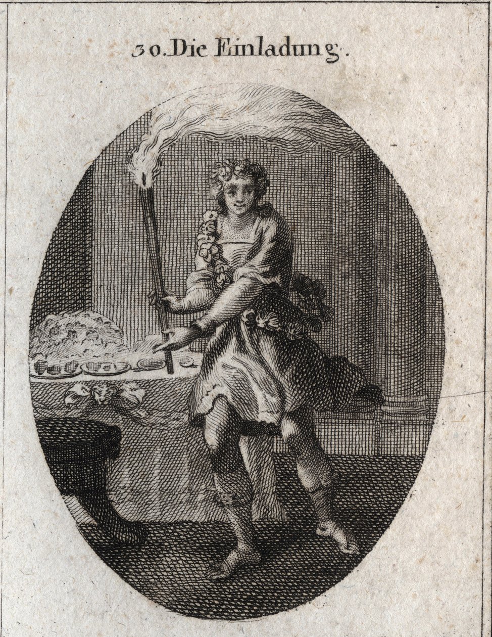Allegorie der Einladung als junger Mann mit lachendem Gesicht, der zu einem mit Gerichten bedeckten Tisch einlädt. Die Fackel, die er hält, ist das Attribut von Comus, dem Gott der Feste und Nachtpartys. Gravur in „Iconologie oder Ideen aus dem Gebiete der von Austrian School
