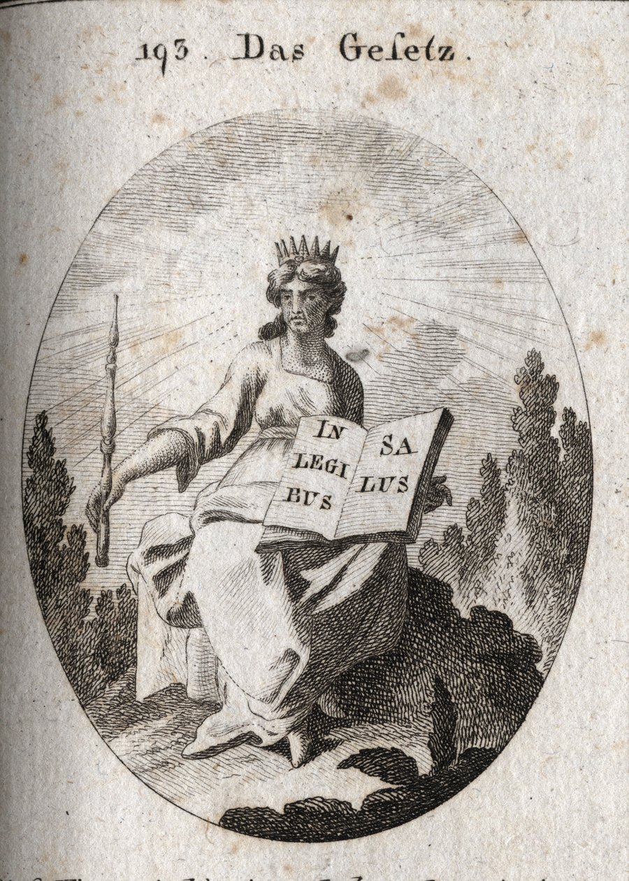 Allegorie des Gesetzes. Ihr strahlendes Diadem markiert ihren göttlichen Ursprung. Das Zepter zeigt ihre Autorität und das Buch ist offen oder mit „In Legibus Salus“ beschriftet, was bedeutet, dass es denen, die ihm gehorchen, eine Belohnung verspricht. von Austrian School