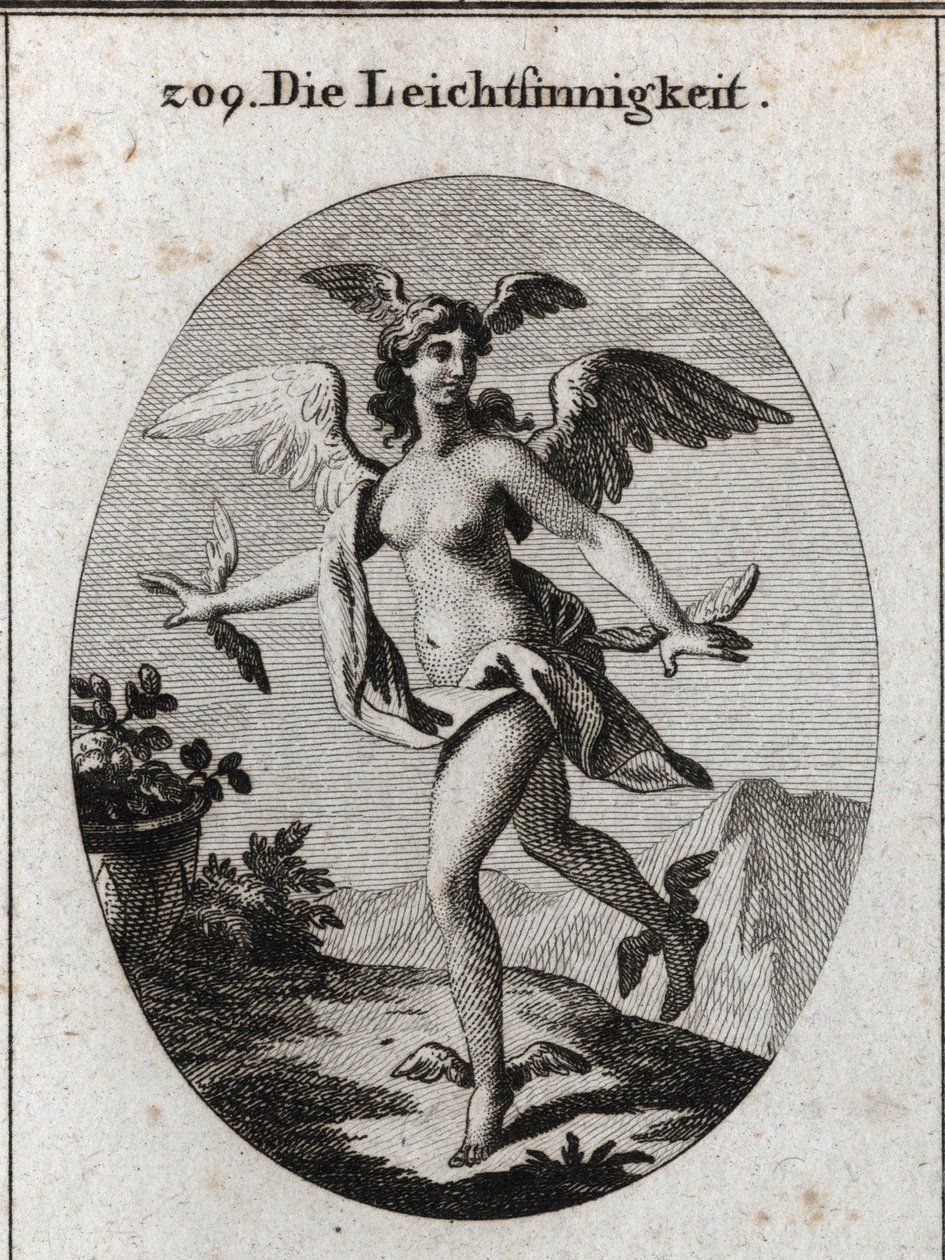 Allegorie des Lichts. Sie hat Flügel an Kopf, Schultern, Füßen und Händen. Gravur in „Iconologie oder Ideen aus dem Gebiete der Leidenschaften und Allegorien bildlich dargestellt für Zeichner, Maler, Dichter, Gelehrte, Erzieher und Freunde Höherer Geschmac von Austrian School