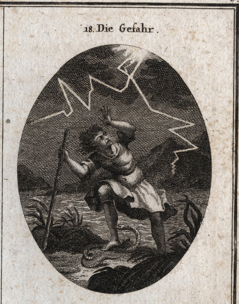 Allegorie der Gefahr, dargestellt durch einen jungen Mann, der einem schnellen Strom entkommt, indem er auf eine Schlange tritt, die ihn sticht, während gleichzeitig ein Blitz hinter ihm einschlägt. Gravur in „Iconologie oder Ideen aus dem Gebiete der Leid von Austrian School