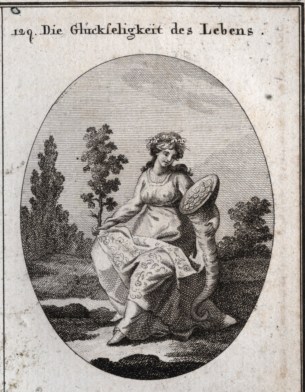 Allegorie des Wohlstands des Lebens. Reich gekleidet und mit Trauben und Attributen von Reichtum und Überfluss gekrönt. Der mit Blättern und Früchten gefüllte Eichenast bedeutet Gesundheit, aber auch Festigkeit und Unverderblichkeit. Gravur in „Iconologie  von Austrian School